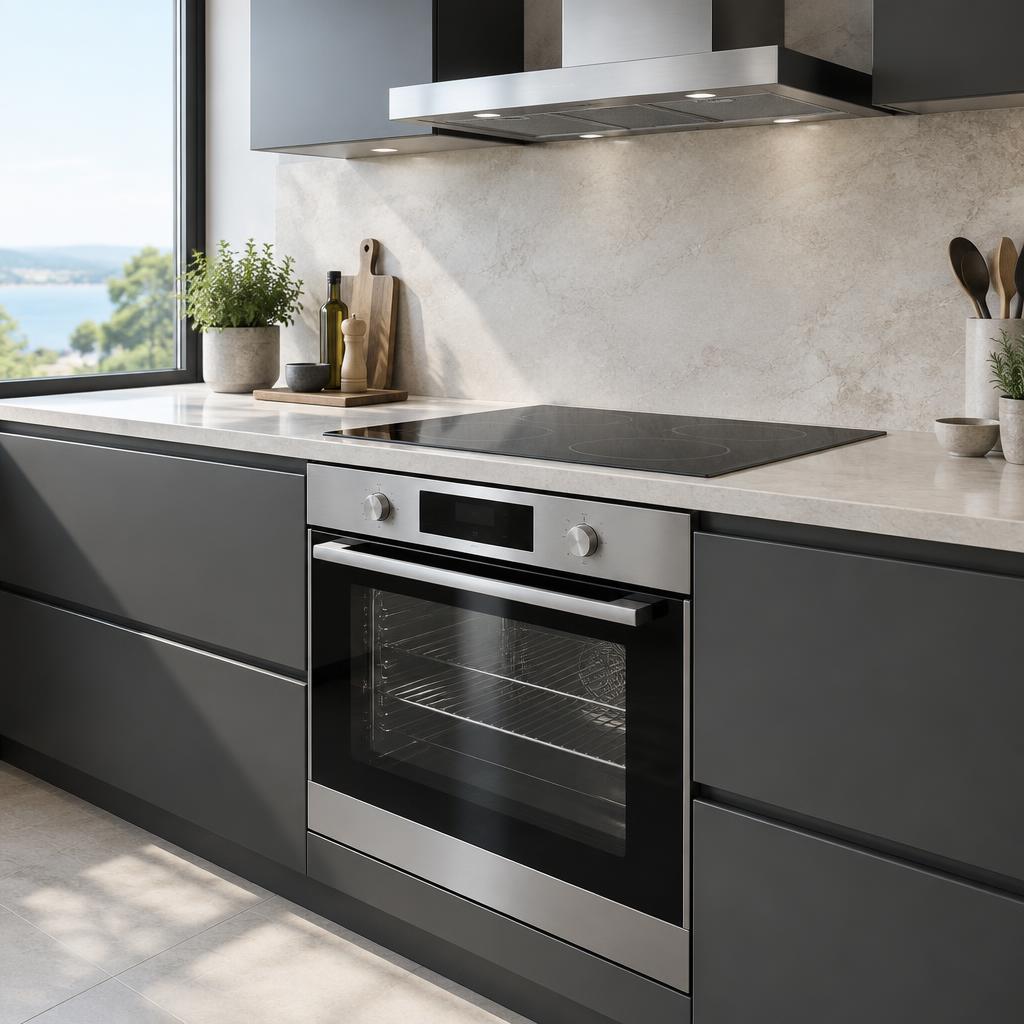 Four, plaque de cuisson et hotte dans une cuisine contemporaine